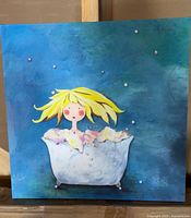 Girl in white bathtub canvas on blue background