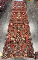 Full length view of the Hamadan runner rug