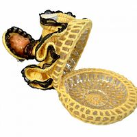 Crocheted doll lid cover laid aside showing inside of pressed glass dish