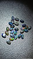 Group of calibrated oval black opals showing colour play