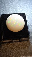 Round opal cabochon in display box showing play-of-colour