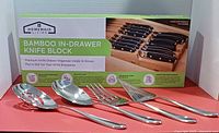 Boxed Homemaid Living bamboo in-drawer knife block with four stainless utensils laid out
