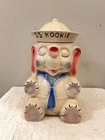 Front view of elephant sailor cookie jar showing "SS Kookie" hat, face, torso and paws