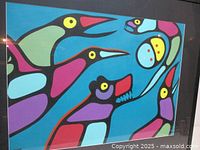 Framed painting showing colourful stylized birds and sun on turquoise background