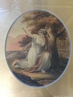 Kneeling classical woman charcoal painting under oval mat