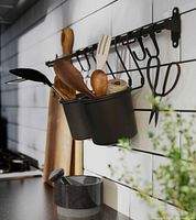 Mounted HULTARP rail with containers, hooks, utensils for context