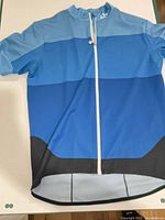 Front view of blue POC cycling jersey with full white zipper and color-block design