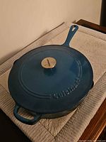 Pan with lid on, showing teal exterior and handles