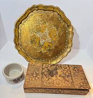 All three items: Florentine tray, stoneware bowl, pyrography box