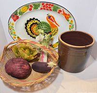 All items group shot: platter, basket with faux vegetables, crock