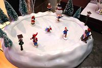 Top view of skating pond with moving skaters, trees, snowman, bench and lampposts visible