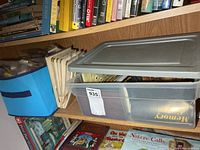 Blue fabric bin, clear tote, manila folders and surrounding books