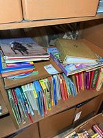Shelf with two rows of assorted children’s books and pop-up books