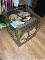 Full view of metal framed storage box with latch and animal imagery