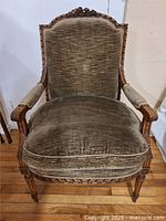 Full view of carved oak bergere chair with velvet upholstery and loose cushion