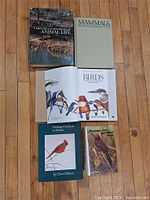 All five books arranged on floor showing covers and an open birds volume