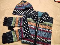 Sweater laid flat with toque showing full pattern and colours