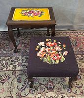 Two vintage needlepoint footstools, showing size and style