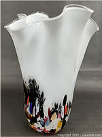Full front view of white Fidrio handkerchief vase with multicoloured base
