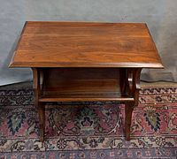 Top view of oak side table showing rectangular beveled surface