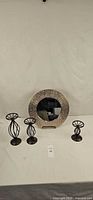 Full lot showing mirror and three candlesticks