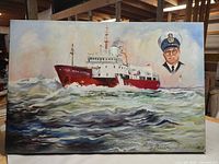 Full view of unframed oil painting showing ship at sea and captain portrait