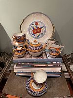 Group view of lusterware tea set, charger and hobnail jug
