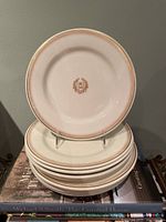 Stack of nine Cauldon dinner plates showing crest and border design