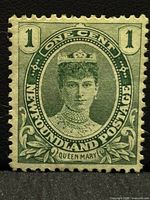 Front view of 1911 Newfoundland Queen Mary 1 cent stamp showing design and condition