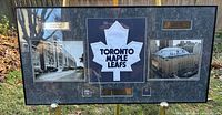 Full view of framed Maple Leaf Gardens commemorative piece showing crest, photos, plaques and pins