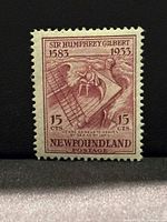 Front of 1933 Newfoundland 15¢ claret Sir Humphrey Gilbert postage stamp