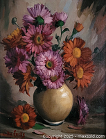 Full image of the still-life oil painting showing flowers in vase