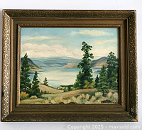 Full view of framed oil painting showing landscape scene