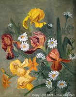 Close view of oil painting showing floral subject and signature
