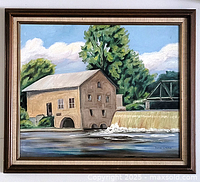 Full view of framed oil painting on wall