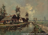 Close view of painting showing cottages, canal, bridge and boats