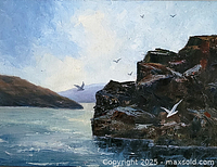 Full view of painting without frame, showing coastal scene and birds