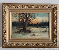 Front view of framed winter landscape painting