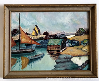 Full view of framed oil painting depicting harbor scene