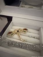 Dragonfly brooch, filigree necklace and silver stud earrings displayed in jewelry box