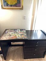 Desk overall showing glass display section and extension panel