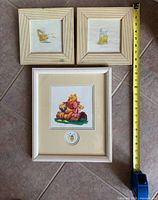 Overall view of three framed prints with tape measure for scale