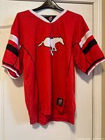 Front view of red Calgary Stampeders jersey showing logo and sleeve stripes