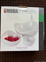 Front of sealed box showing image of three white wave bowls and brand