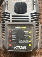 Front view of Ryobi IntelliPort charger showing LED indicator panel