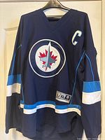 Full front view of Winnipeg Jets jersey on hanger