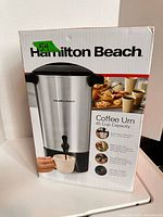 Front of boxed Hamilton Beach 45-cup coffee urn