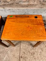 Top view showing wood grain, pencil groove and inkwell hole