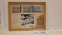 Overall view of framed stamp collection showing stamp blocks, artwork, text inserts and water damage