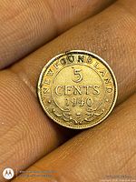Reverse side of 1940 Newfoundland 5 cent coin showing denomination and year